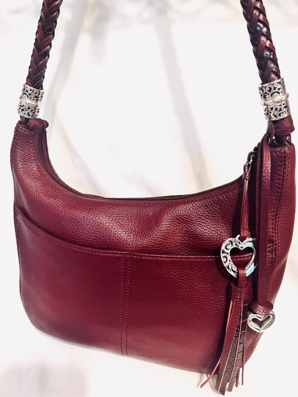 Brighton Barbados Hobo Pebbled Leather Wine Red Shoulder Bag-Braided-Casual-